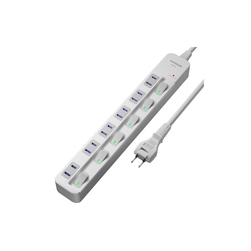 SAYBOUR 電源タップ 雷ガード 個別スイッチ 節電タップ おしゃれ省エネACコンセント 6個口LED PSE認証済 延長コード (5m， ホワイト) 1