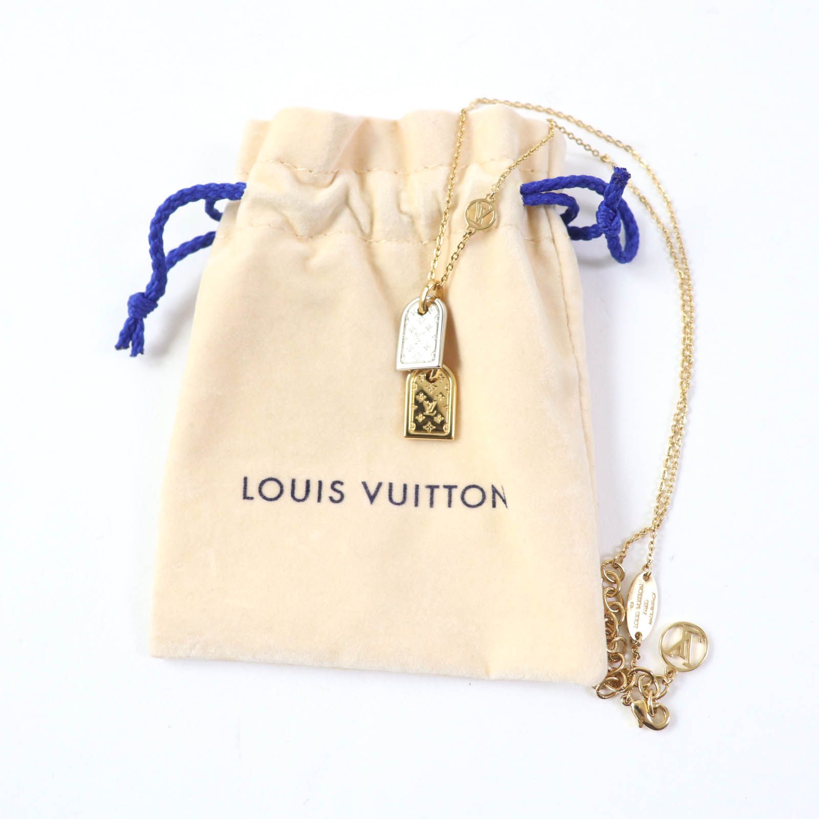 美品☆LOUIS VUITTON ルイヴィトン M63141 ネックレス・ナノグラム LVロゴ・タグチャーム ネックレス ゴールド シルバー  保存袋付き イタリア製 レディース 定価72,600円 - メルカリ