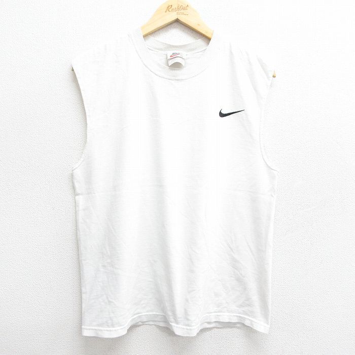 M/古着 ナイキ NIKE ビンテージ ノースリーブ Tシャツ メンズ 90s ワンポイントロゴコットン クルーネック 白 ホワイト 24jul17 中古