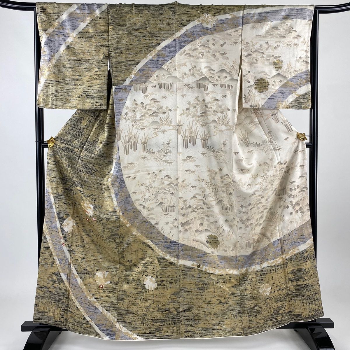 訪問着 身丈162cm 裄丈66cm M 袷 雪輪 草花 刺繍 金彩 金茶 正絹 名品
