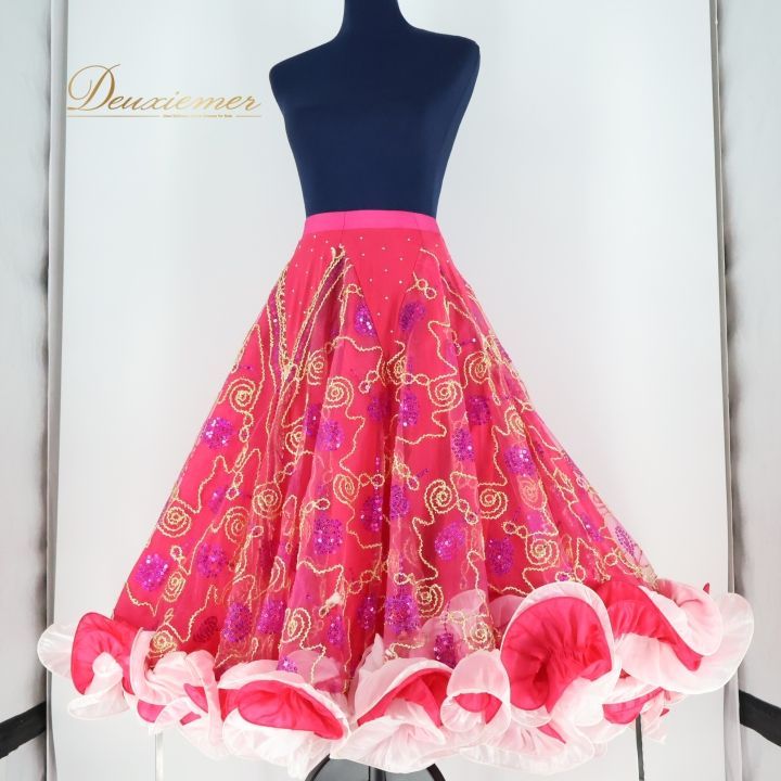 社交ダンス 衣装 スカート 巻きスカート 舞台衣装 パーティ 発表会 ステージ衣装 ダンス フリル レース ラメ ピンク系 ホワイト系 ボリューム感 おしゃれ イベント用 女性用 かわいい