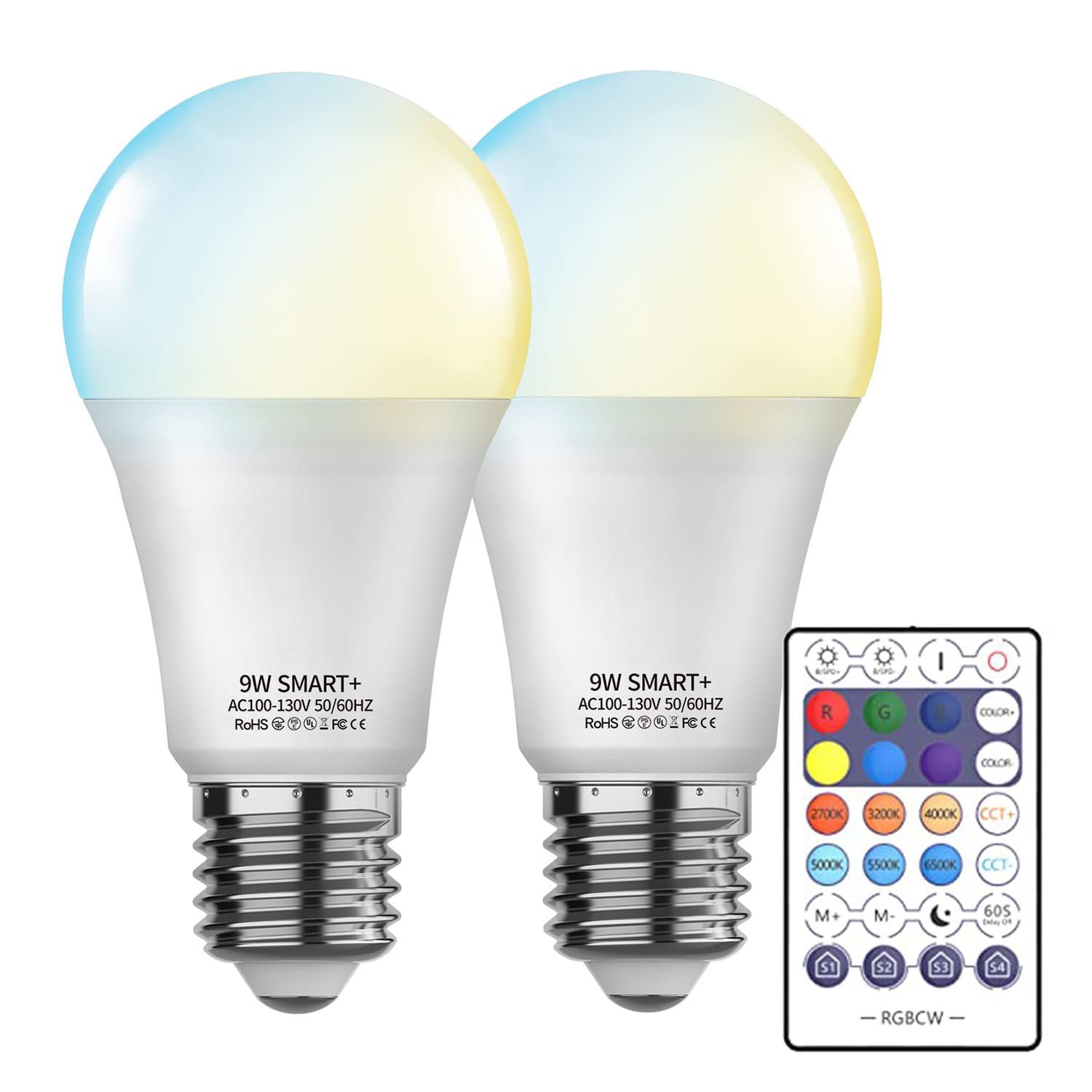 【人気商品】800lm E26 80W相当 昼白色＆電球色 スマート家電照明 Home対応 Google タイミング機能 Alexa対応 2個セット LED電球 WiFi リモコン付 スマート電球