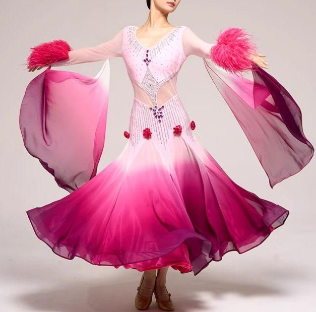 オーダーメイド 社交ダンス衣装 スタンダードドレス 羽根フロート付