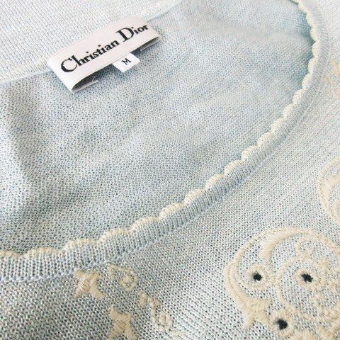 クリスチャンディオール Christian Dior ヴィンテージ サマーニット ラウンドネック 長袖 カットワーク 刺繍 ラメ M 青 ブルー クリスチャンディオール Christian Dior ヴィンテージ サマー