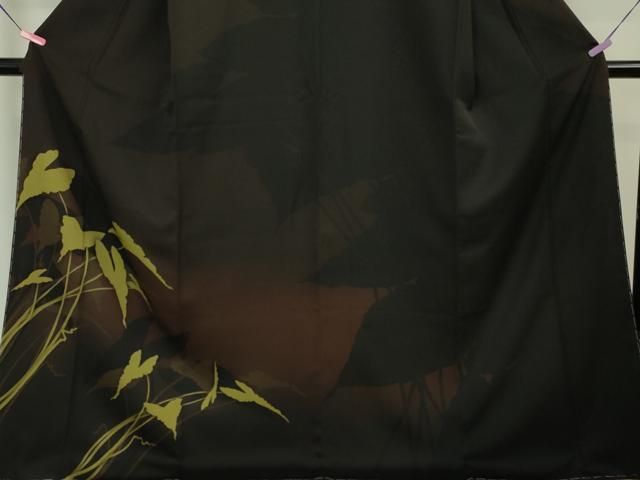 平和屋本店□極上 訪問着 枝葉シルエット 黒地 やまと金ラベル 逸品 未