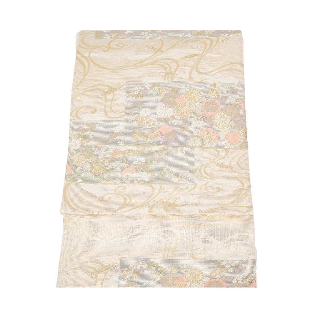 美品 正絹 萩 紗 夏袋帯 着物 A-204 絽 袋帯 正絹 ベージュ 緑 金 菊 萩 オミナエシ 月下美人 M