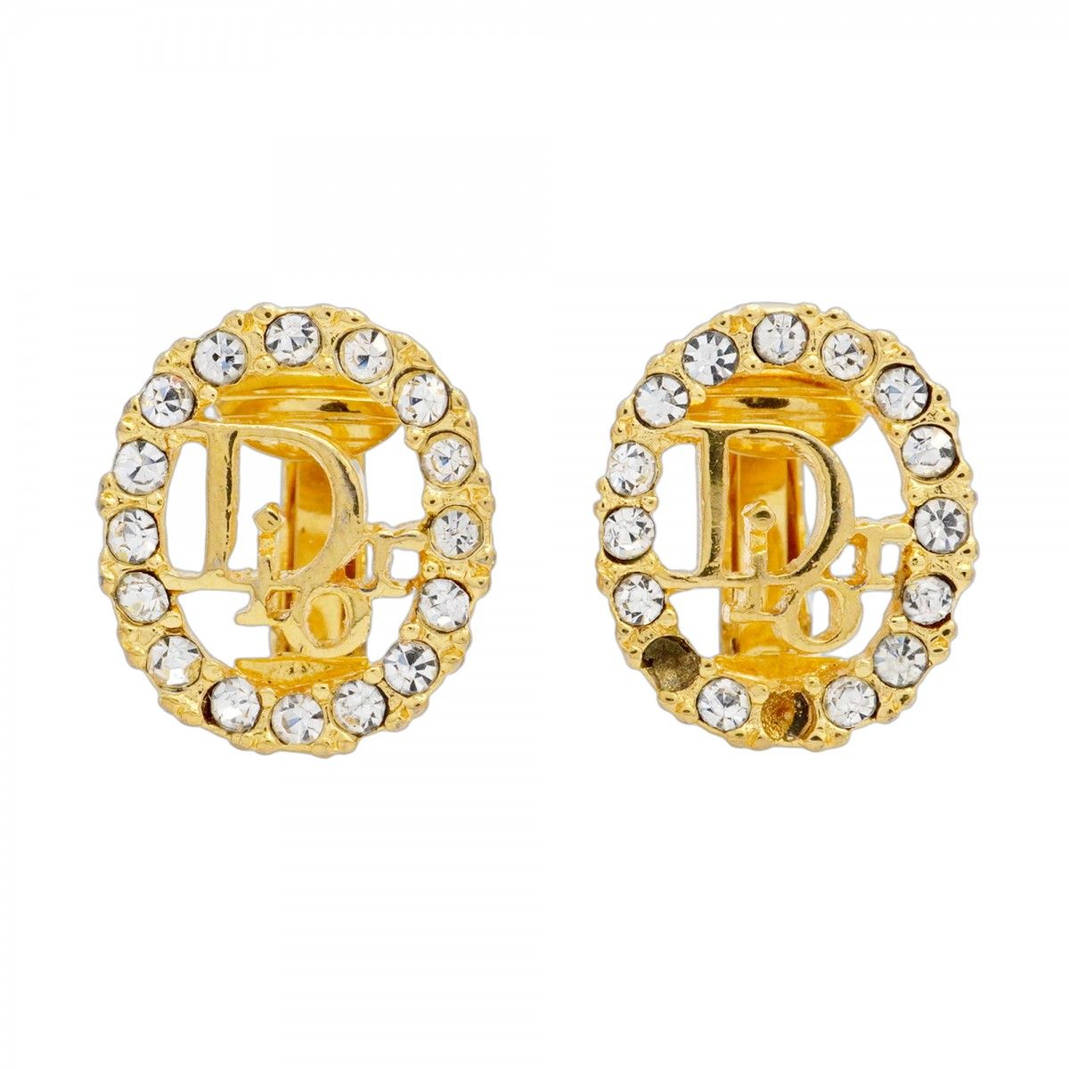 5jmb0345 クリスチャンディオール イヤリング ディオールロゴ オーバル GPメッキ ラインストーン ゴールド レディース