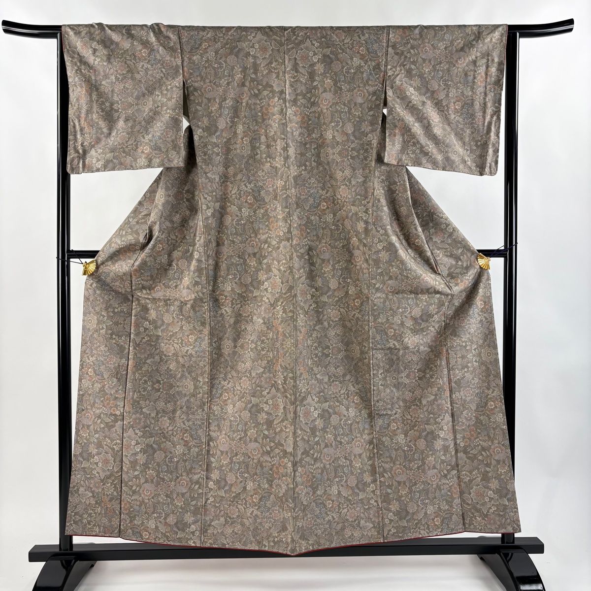 大島紬 身丈156.5cm 裄丈63cm S 袷 都喜ヱ門 証紙 草花 灰茶 正絹