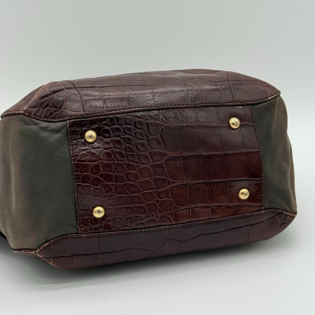 良品】FURLA クロコ型押し ハンドバッグ レザー ヴィンテージ ブラウン