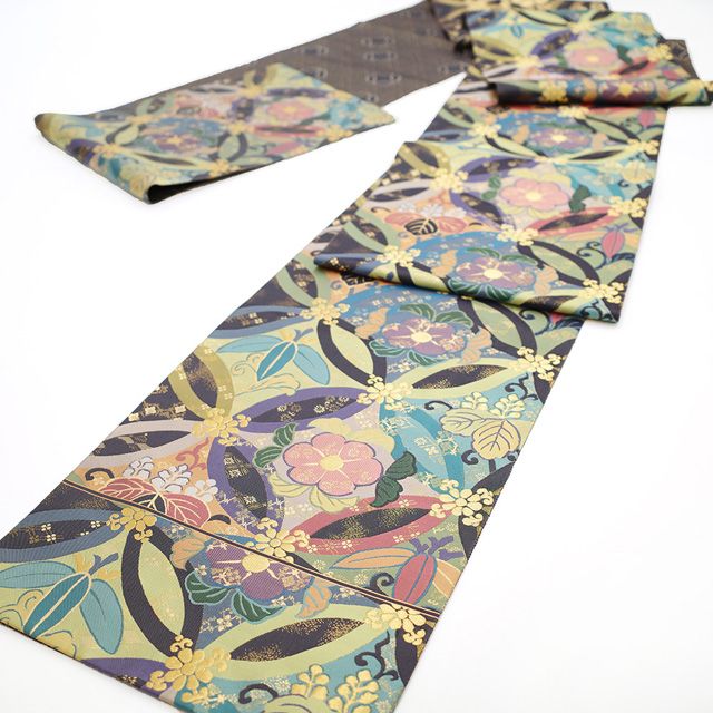 【美品　西陣織】正絹 ゴールド六通袋帯　七宝 花々　金銀糸 新古品】 袋帯 リサイクル 京都 西陣 となみ織物 となみ帯 正絹