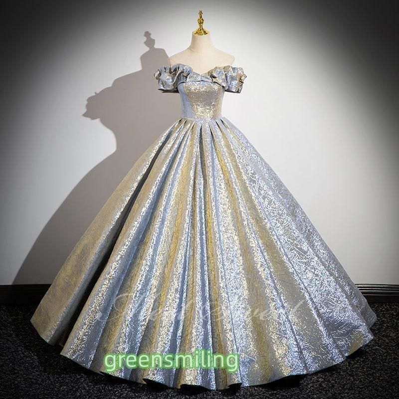 ドレス Aラインドレス ゴールド オフショルダー 光沢感 ロングドレス ウェディングドレス 結婚式 二次会 花嫁 前撮り 演奏会