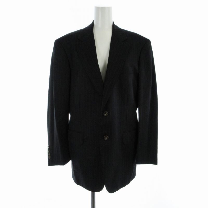 ヘンリープール マーキス HENRY POOLE MARQUIS スーツ フォーマル セットアップ 上下 2点セット テーラードジャケット テーパードパンツ ストライプ 背抜き サイドベンツ シングル 2B S 黒 ブラック RO