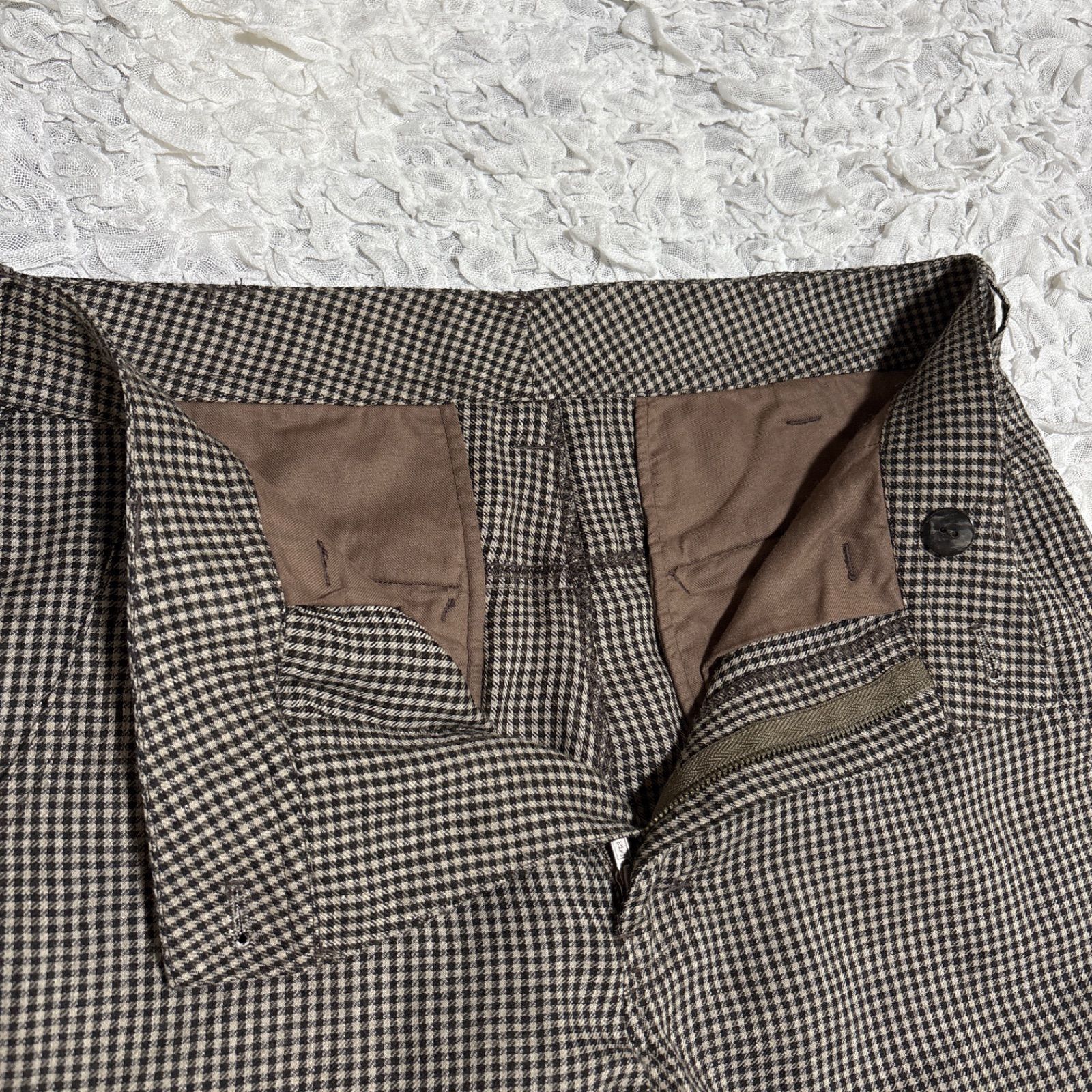 Babaghuri ババグーリ 千鳥格子 テーパード パンツ 薄手 ブラウン ハイウエスト 美シルエット 高品質 ヨーガンレール L 相当 リネン ウール ＊フォロー割対象品 5%offさせて頂きます NICORILABO_COM