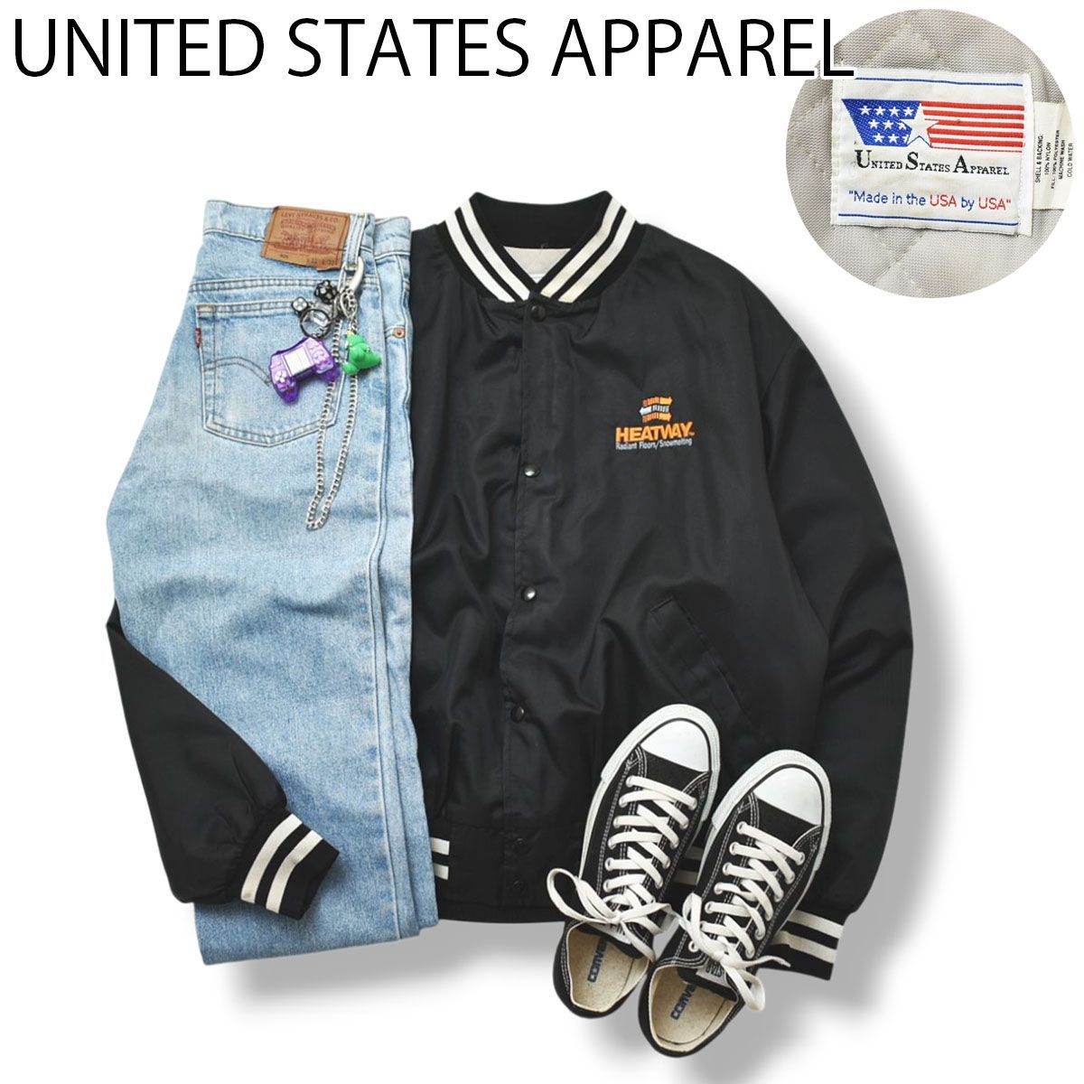 90s ヴィンテージ UNITED STATES APPAREL 企業物 HEATWAY スタジャン スタジアム ジャケット 裏地 中綿 キルティング L ブラック アメカジ メンズ