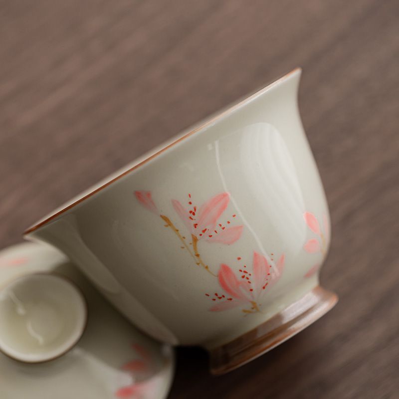 茶碗 陶器製 手描き 玉蘭花 釉下彩 小型 二才蓋碗 レディース用