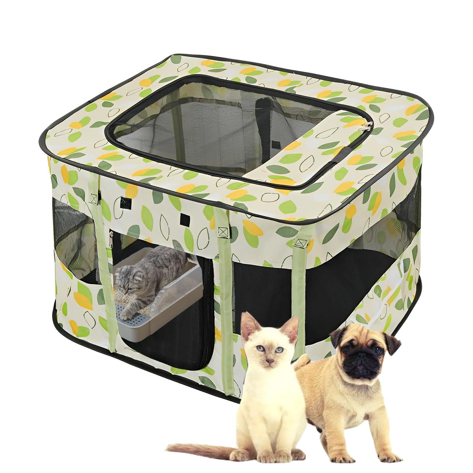 M (80 x 60 x 55 cm)_グリーン ペットサークル 折畳み 長方形 ペットケージ 猫 折りたたみ プレイサークル 犬 ゲージ ペットハウス ケージ 屋根付き 通気性 軽量 組立簡単 使用便利 屋内 屋外 猫の