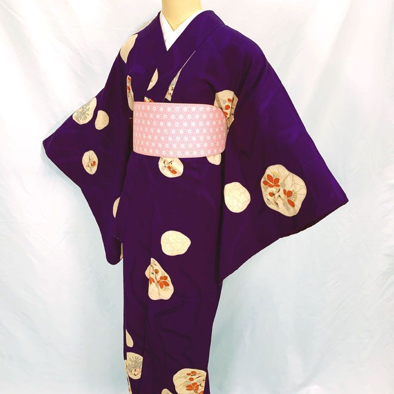 410aa1◇Kimono アンティーク着物 丸文に花 梅 松 大正ロマン 昭和レトロ 和洋MIXコーデ ジュニアにも◇状態良好