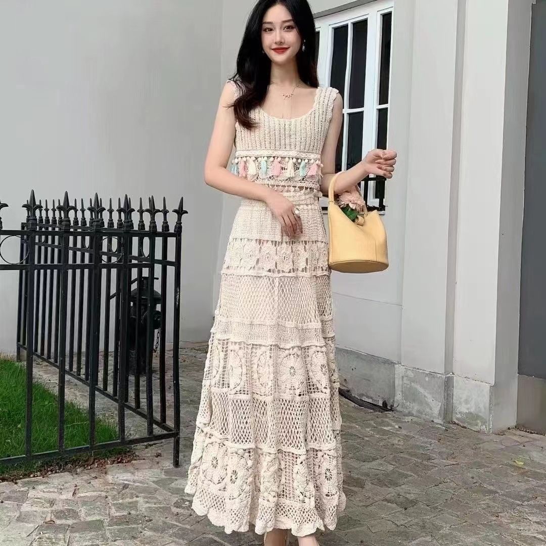 大人可愛いリゾート クロシェ編みセットアップ ボヘミアン夏服透かし