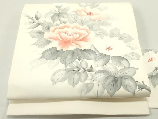 平和屋着物●塩瀬 九寸名古屋帯 作家者 手描き 草花文 象牙色 正絹 DAAY0193ob