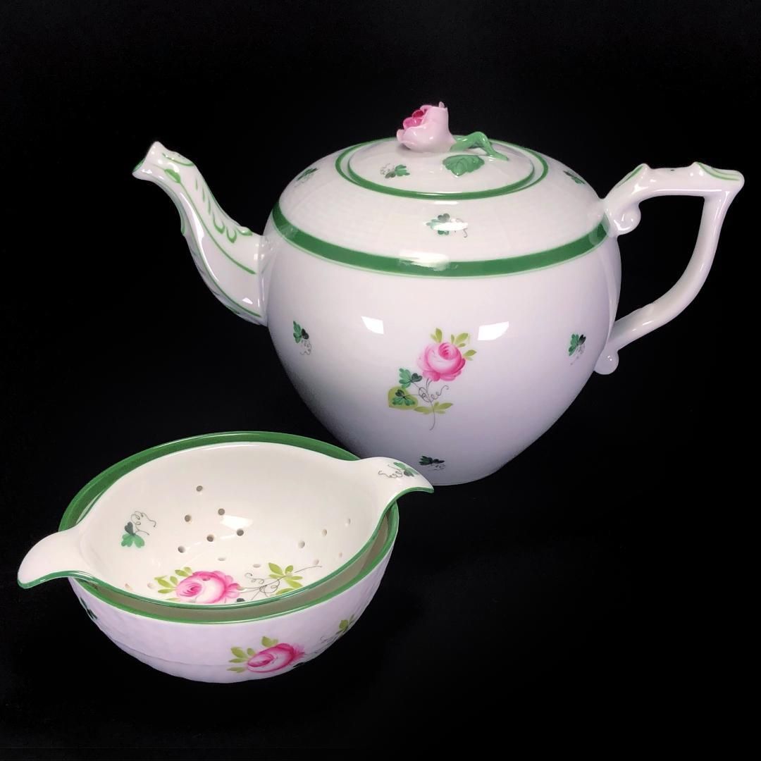 HEREND ヘレンド ウィーンの薔薇 ティーポット＆ティーストレーナー＆ボウル 3点セット 花 フローラル 陶器 ホワイト グリーン
