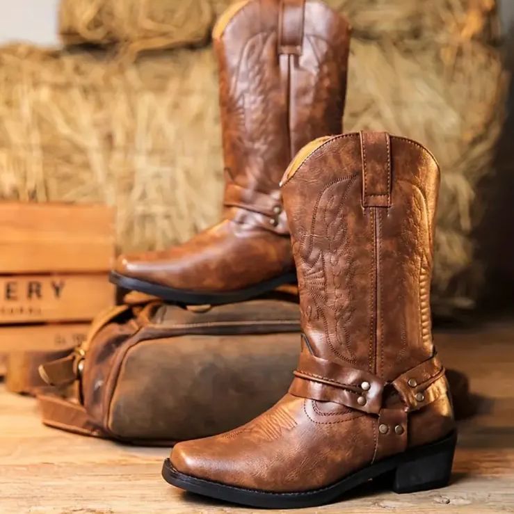 ブーツ ウエスタンブーツ リングブーツ スクエアトゥ 刺繍 チャンキーヒール スリッポン ユニセックス ローヒール 騎士ブーツ 冬靴 春秋 柔らか ノンスリップ 復古 カウボーイ レトロ 厚底 防水 カット ハイカット メンズ 冬 防滑 ロック系 茶色