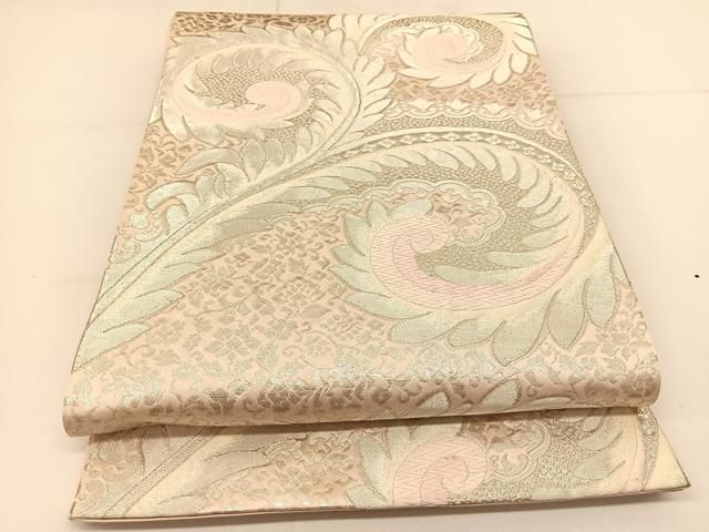 ZY-603 袋帯 服部織物 白鳥緞子 亀甲 金糸 銀糸 名品 高級 平和屋着物◎西陣 服部織物謹製 六通柄袋帯 唐織 白鳥緞子 唐草