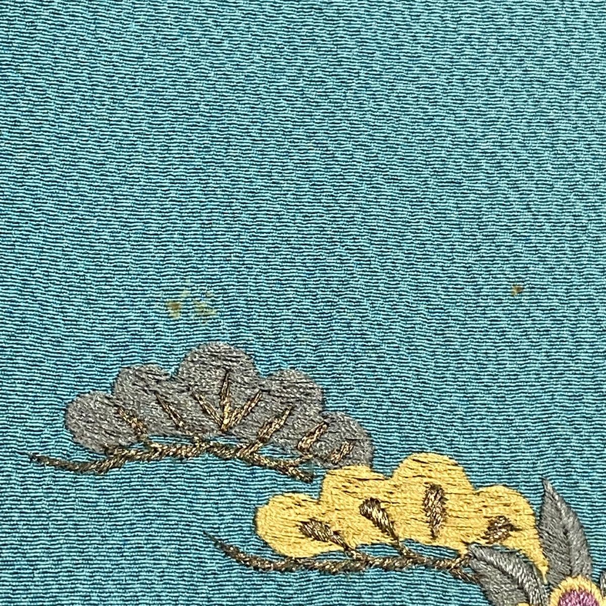 付下げ 身丈158cm 裄丈65cm M 単衣 草花 ヱ霞 刺繍 金糸 緑 正絹