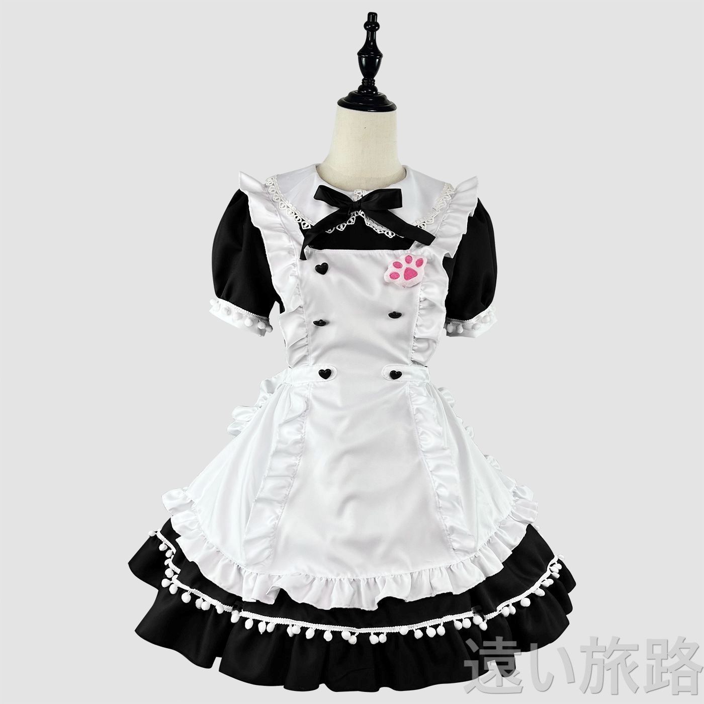 ?【新作オリジナル】? 黒色メイドロリータコスプレワンピース ?? 可愛いリボン装飾付き エプロン u0026 ヘッドドレスセット 撮影 / イベント / ハロウィン / 文化祭 / パーティー
