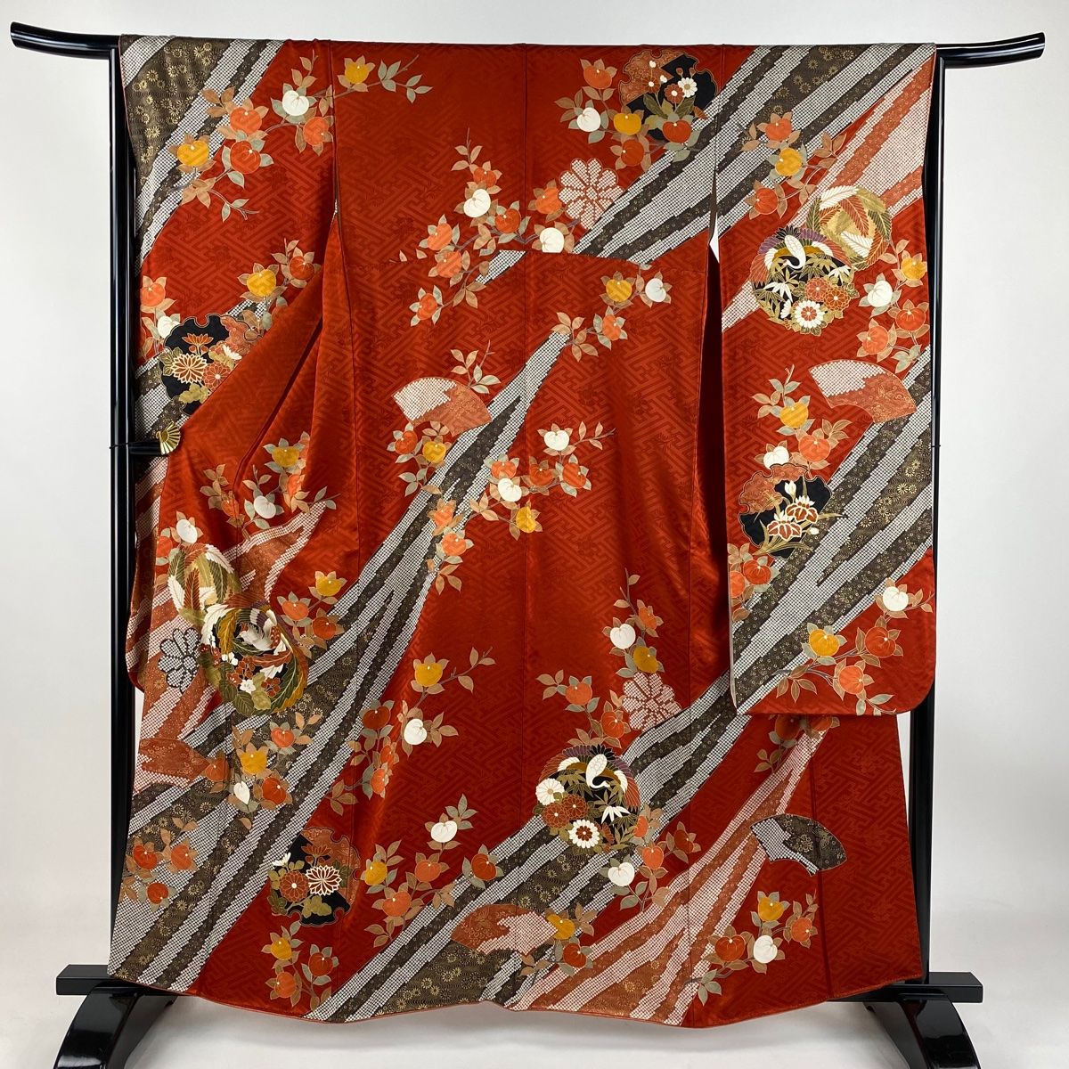 振袖 身丈159cm 裄丈65.5cm M 袷 鳳凰 橘花 金彩 赤茶 正絹 秀品