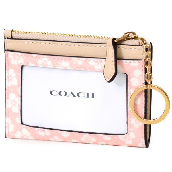 コーチ コインケース COACH コーティングキャンバス スムースレザー 花柄 フローラル プリント キーリング付き ミニ スキニー IDケース  コインケース ピンクマルチカラー CA784