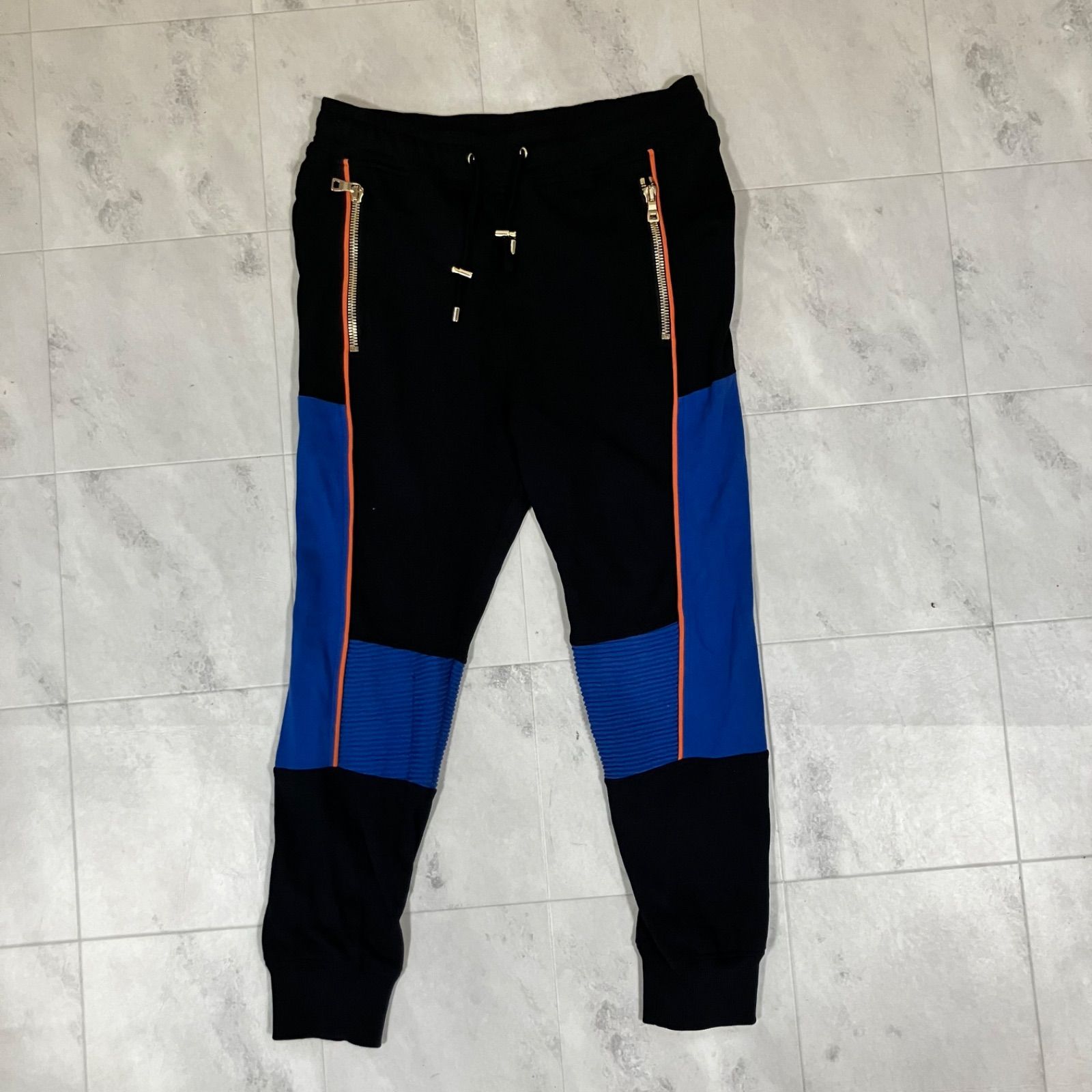(r)BALMAIN HOMME ランウェイ バルマンオム 配色切替 バイカー スウェットパンツ L 黒
