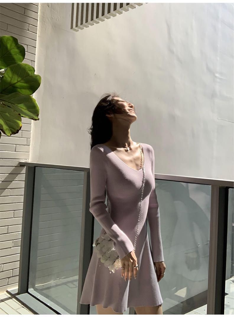 レディースVネックニットミニドレス