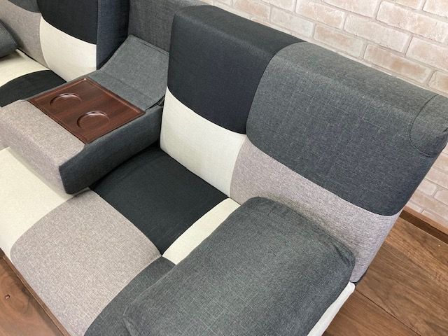 ソファーベッド小テーブル付きパッチワーク柄グレーMIXソファ新品