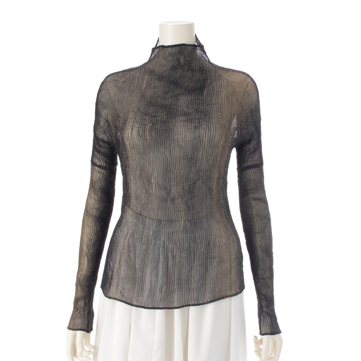 イッセイミヤケ ウネプリーツ モックネック シアー グラデーション スプラッター 長袖 トップス IM93FJ820 ブラック ブラウン オーカー系 2