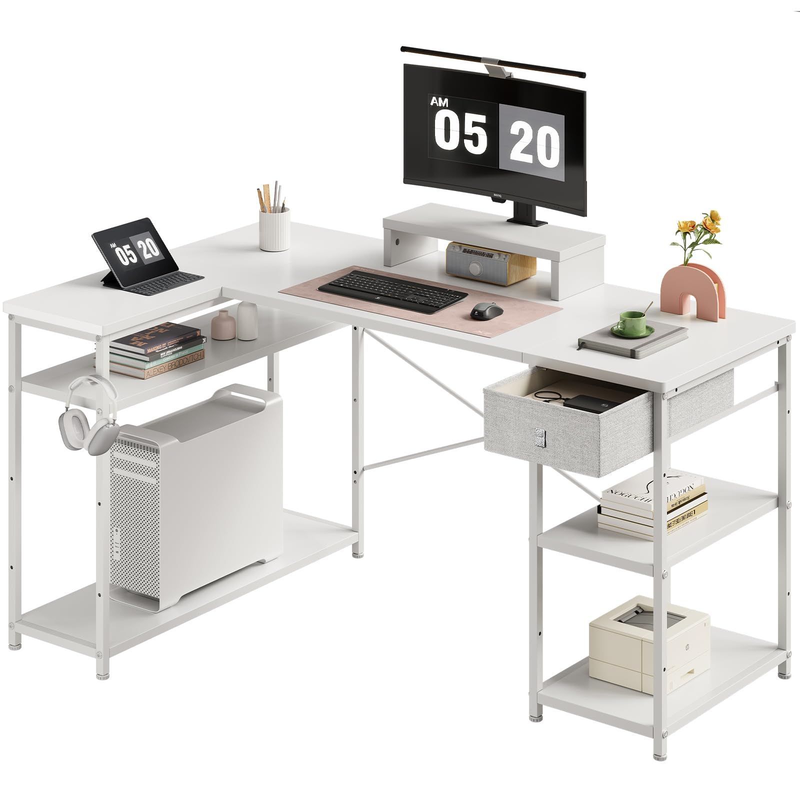 新着商品 幅136cm オフィスデスク desk コーナーデスク パソコンデスク右棚左棚 つくえ pcデスク 子 棚板高さ調節 勉強机 作業机 L字型 l字デスク 在宅ワークデスク 机 リモートワーク ラック付き Maihail 白い