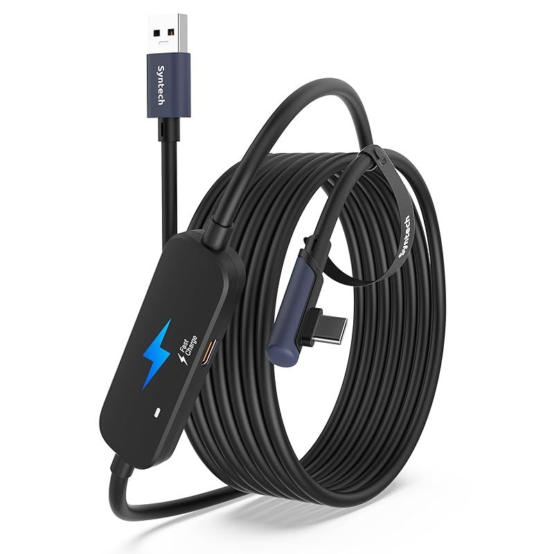 Syntech リンクケーブル 3M 充電付き、Meta Quest 3S/Quest 3/Quest 2/Pico 4 に対応、別の充電ポート付き VR リンクケーブル、USB 3.0 から Type C コード ライト PC/SteamVR 用-ブラック