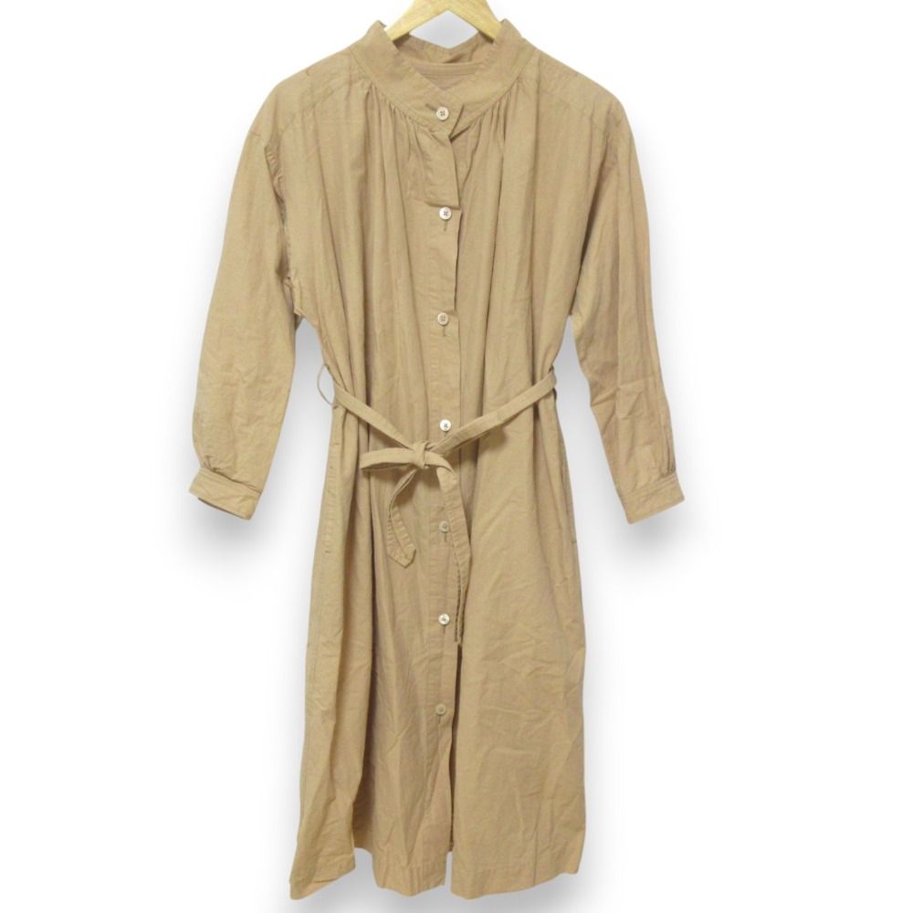 Nigel Cabourn ナイジェルケーボン コットンリネン 長袖 ロング ギャザーシャツワンピース 8044-08-00004 サイズ8 ベージュ レディース 古着
