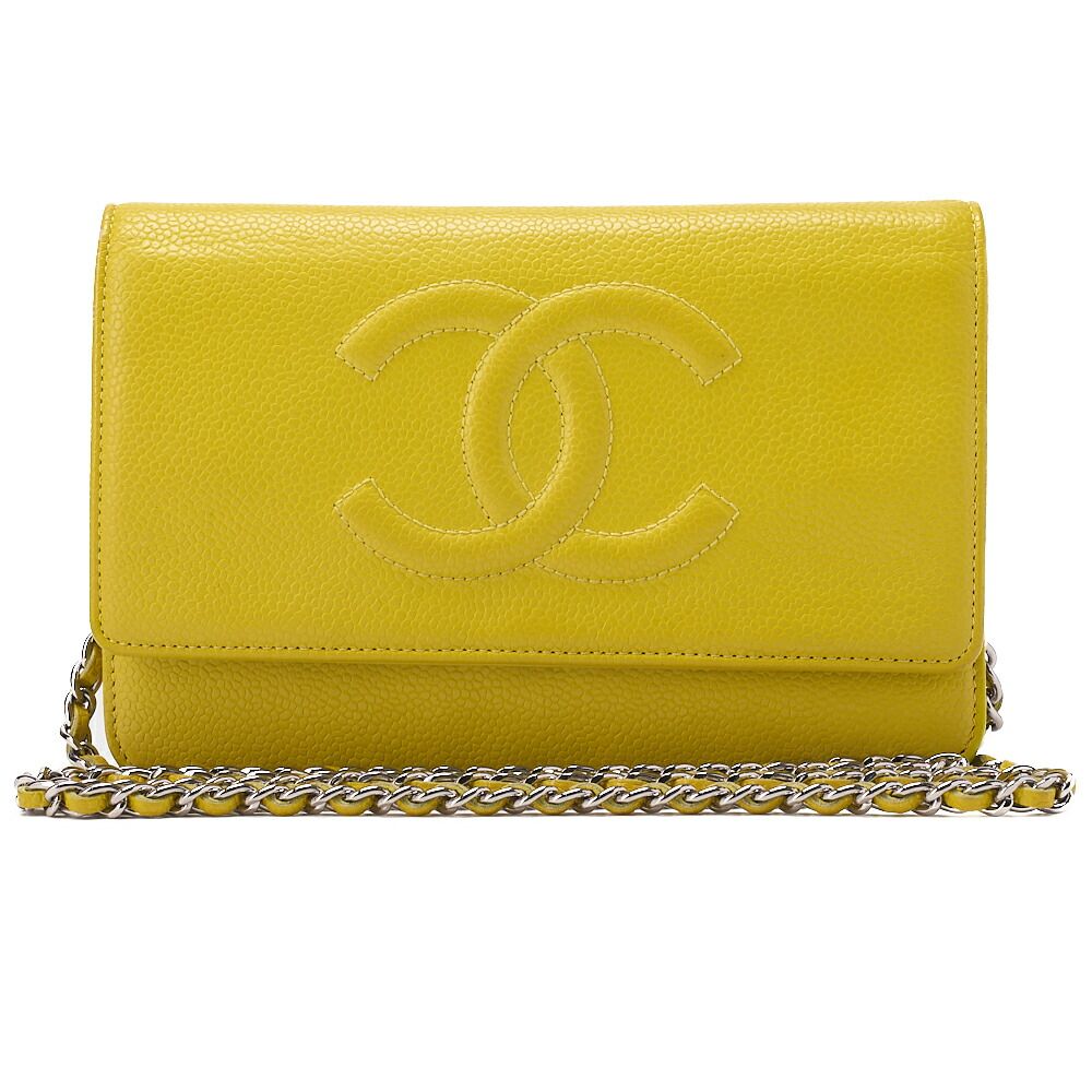CHANEL シャネル ショルダーバッグ チェーンウォレット キャビアスキン 黄色 シルバー金具 プッシュロック ココマーク ブランド 送料無料