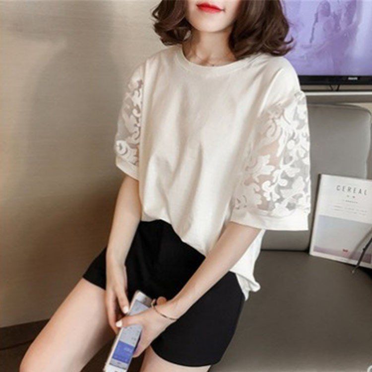 白 Tシャツ  レディース 夏 無地 半袖Tシャツ レース切り替えトップス パフスリーブ ブラウス おしゃれ 大きいサイズ 韓国風 大人 通勤  着痩せ 卒業式 白 Tシャツ レディース 夏 無地 半袖Tシャツ レース切り替え