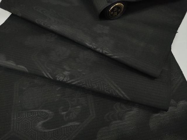 平和屋着物▽夏物 西陣 名古屋帯 帯反物 黒反物 亀甲花文 証紙