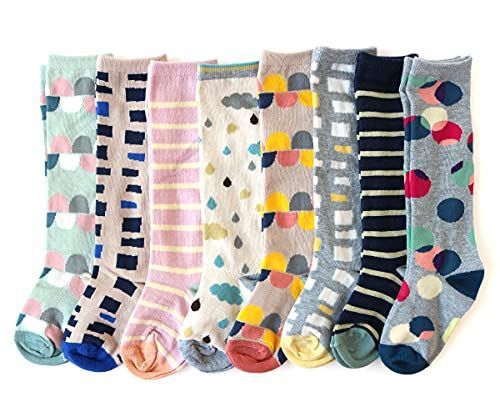 15.0-19.0 cm [ソックスbox408] 靴下 キッズ 女の子 北欧風 モダン柄 名前 ネーム欄付 ハイソックス 8足セット (15-19cm)