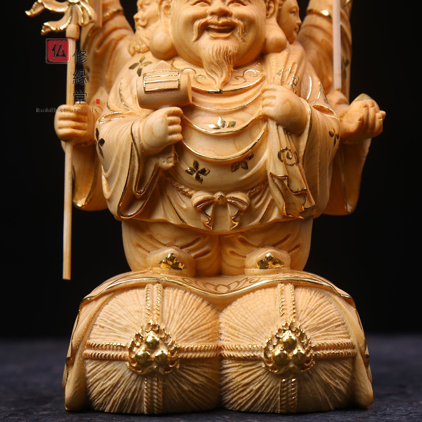 修縁堂】珍品 木彫り 仏像 福神三面大黒天 本金 切金 彫刻 天然木檜材 
