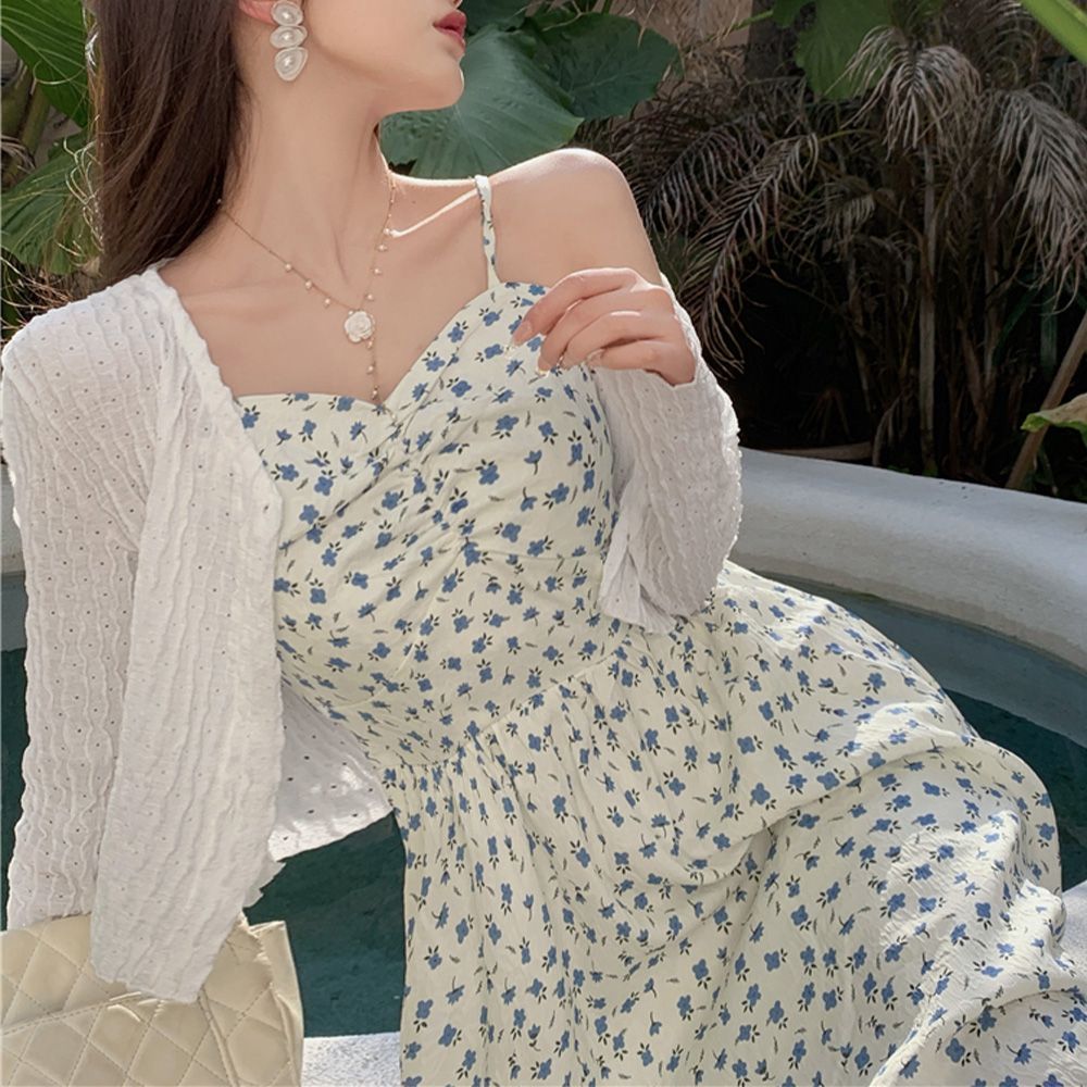 2点セット フリル カーデ 花柄 ギャザー スリット キャミワンピ callautia ワンピース 花柄フレアギャザーキャミワンピース「一