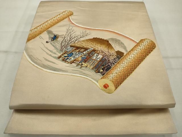 ［お太鼓柄］　袋帯　新品美品　作家物 O-794 平和屋着物◎太鼓柄袋帯 作家物 駒刺繍 相良刺繍 人物風景文