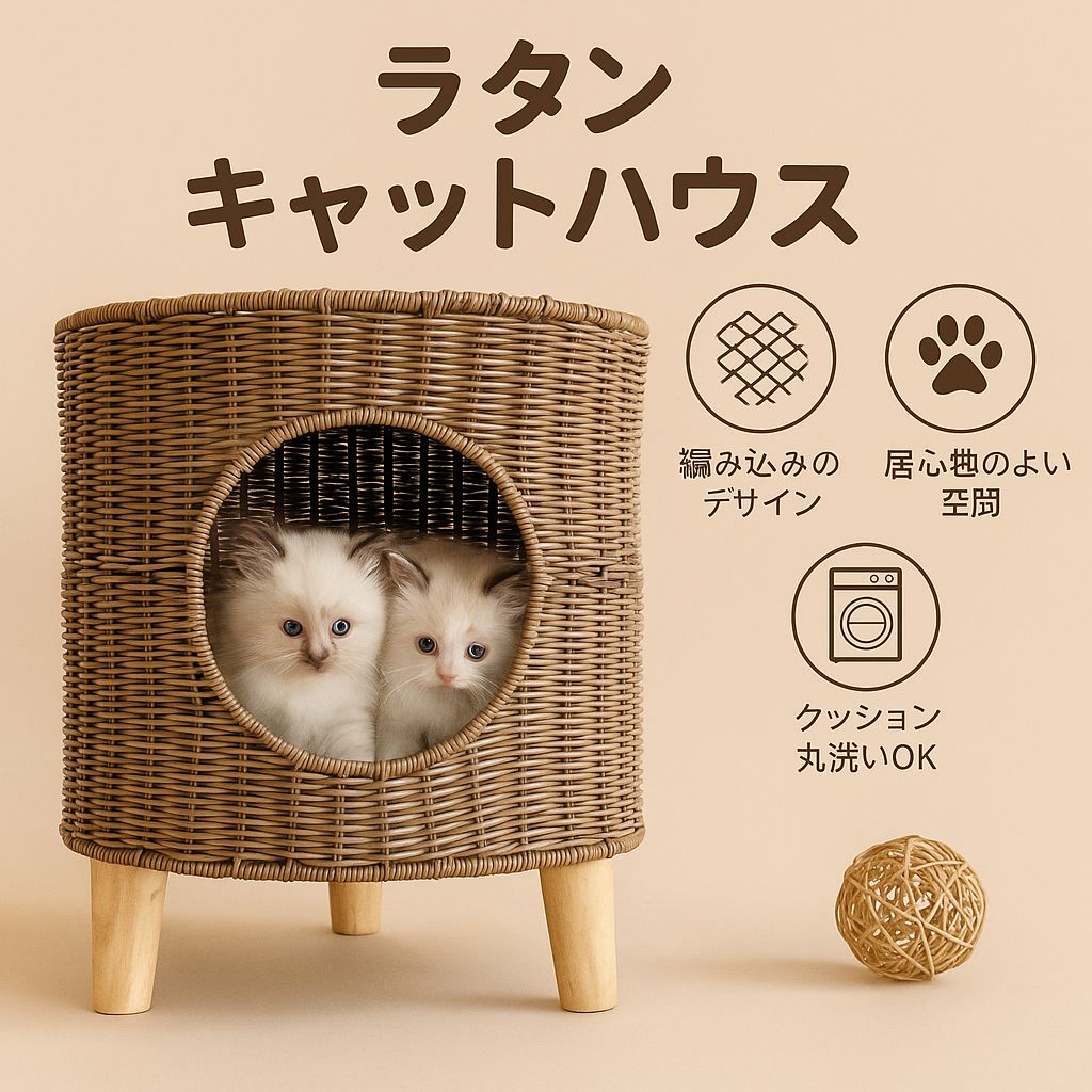 ラタン ウッド 手織り キャットハウス 藤編み 猫ハウス 二層構造 ベッド付 ca610