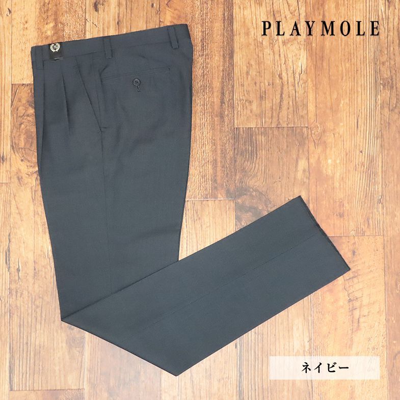 PLAYMOLE/82cm/スラックス パンツ 清涼サマーウール カシミヤ混 無地 ツータック 上品 クラシコ 美脚 新品/紺/ネイビー/id382/