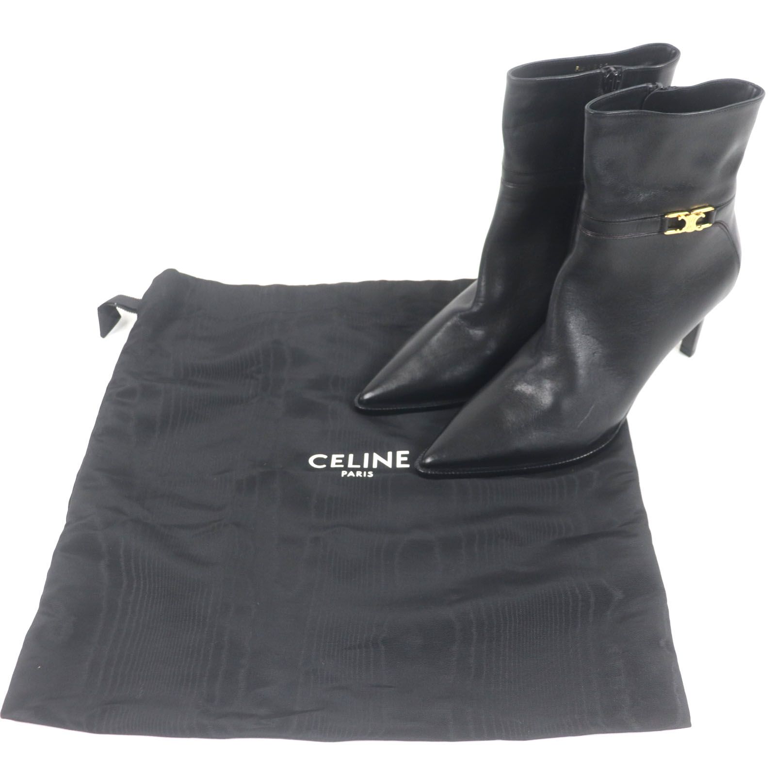 CELINE セリーヌ トリオンフ ベルヌイユ アンクルブーツ ポインテッドトゥ レザー ブーツ ブラック ゴールド金具 38 保存袋付き イタリア製 レディース