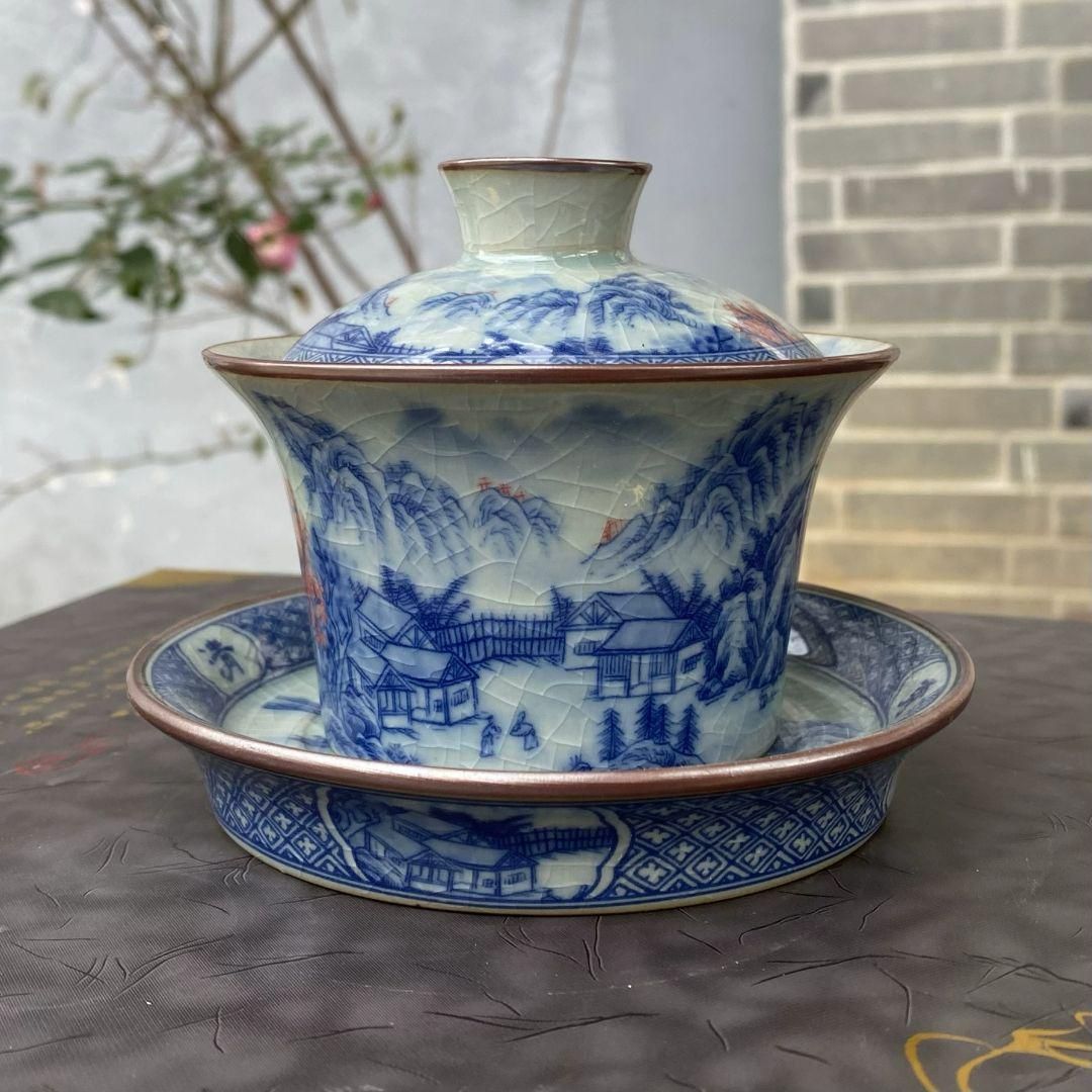 景徳鎮 青花山水馬蹄三才蓋碗 茶碗 煎茶器 中国茶器 新品未使用