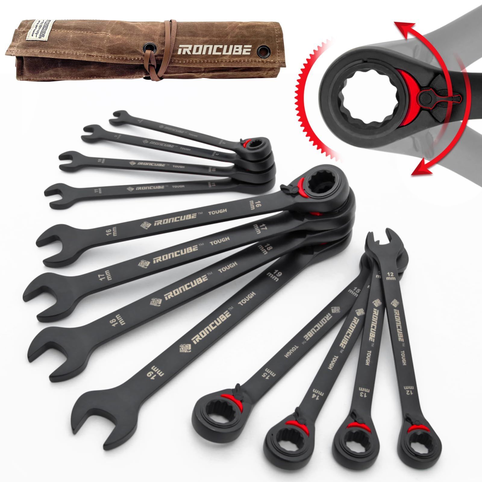 IRONCUBE ワックスポーチ付き タフブラック仕上げCR-V鋼製 - 8-19mm 12本組 収納便利 リバーシブルレンチセット 父の日プレゼントに最適 72歯 整備士用 DIY工具 ラチェットレンチ