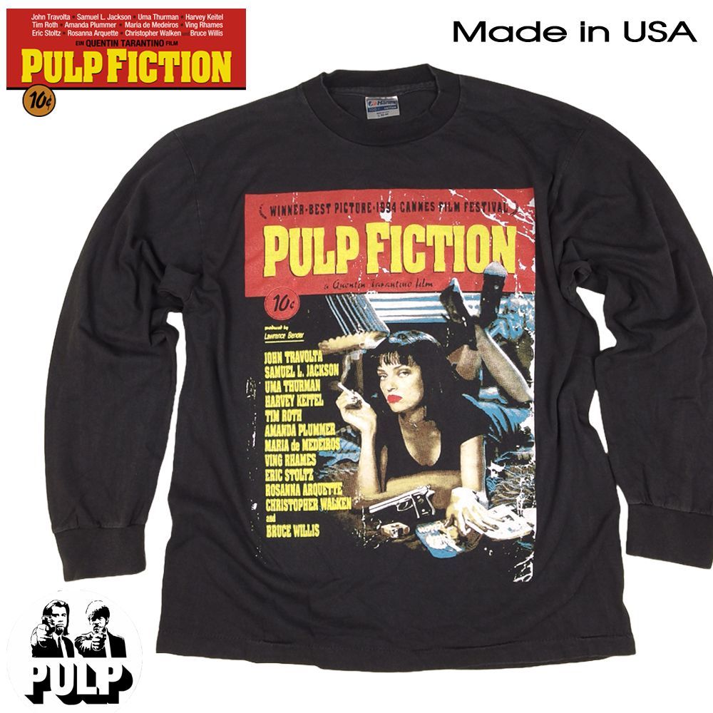 193 PULP FICTION パルプフィクション 長袖 ロンT 1994年 ムービー Tシャツ アメリカ製 ブラック Lサイズ 美品 メンズ  レディース Hanes クエンティン タランティーノ 名作映画 ジョン トラボルタ フォトプリント レア 稀少 - メルカリ